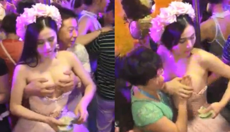 火爆婚礼现场~巨乳新娘开放摸一次1000元!!回收礼金啰!!
